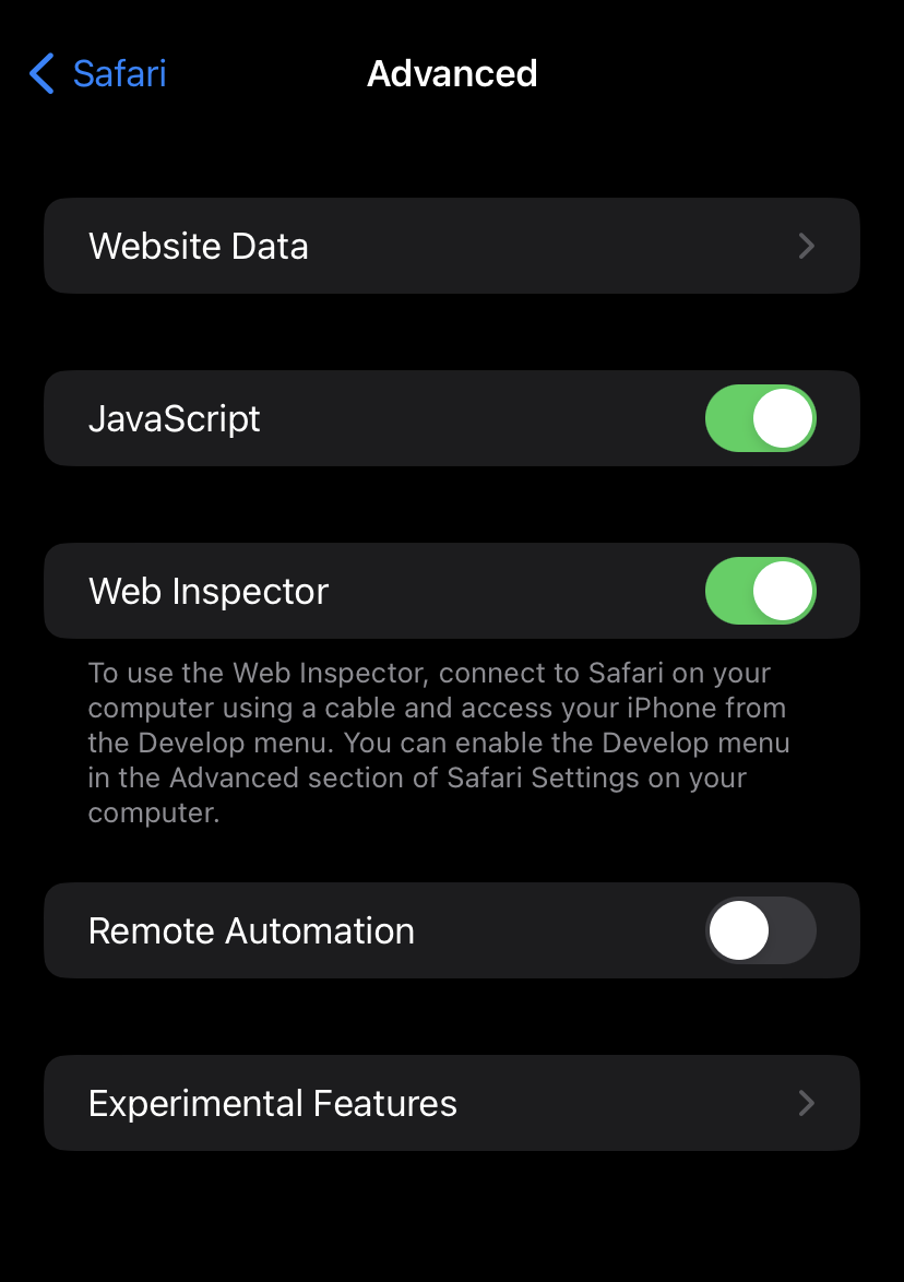 Advanced settings for Safari in iOS
